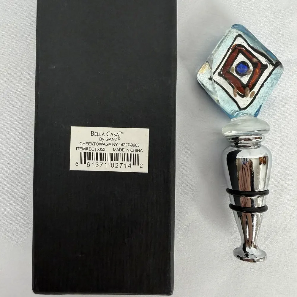 Bella Casa Ganz Art Glass Bottle Stopper Topper with Box Blue Diamond READ